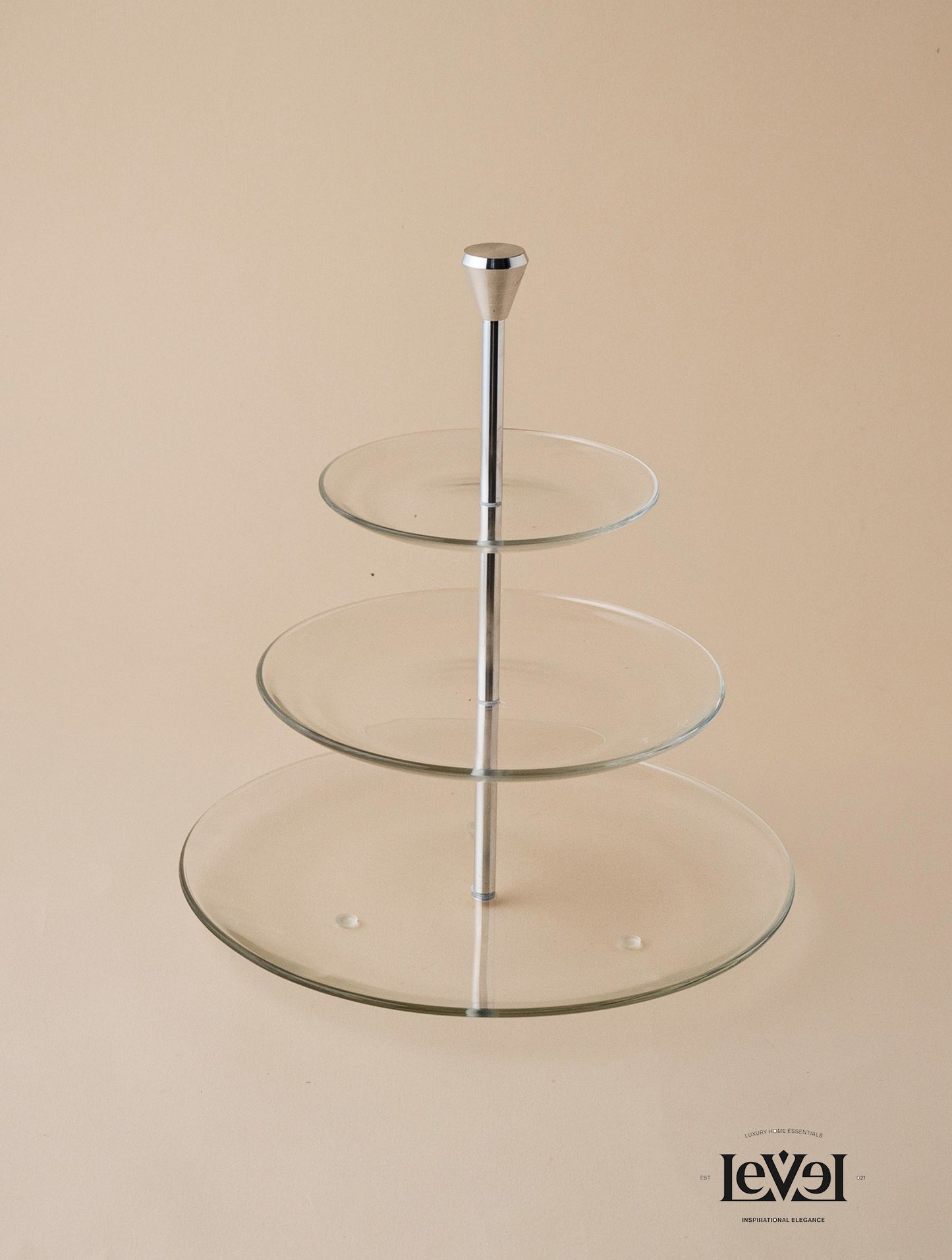 3 layer glass stand with silver handle