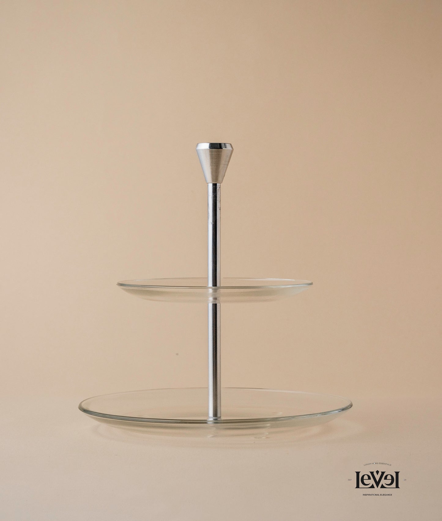 Two layer glass stand with silver handle